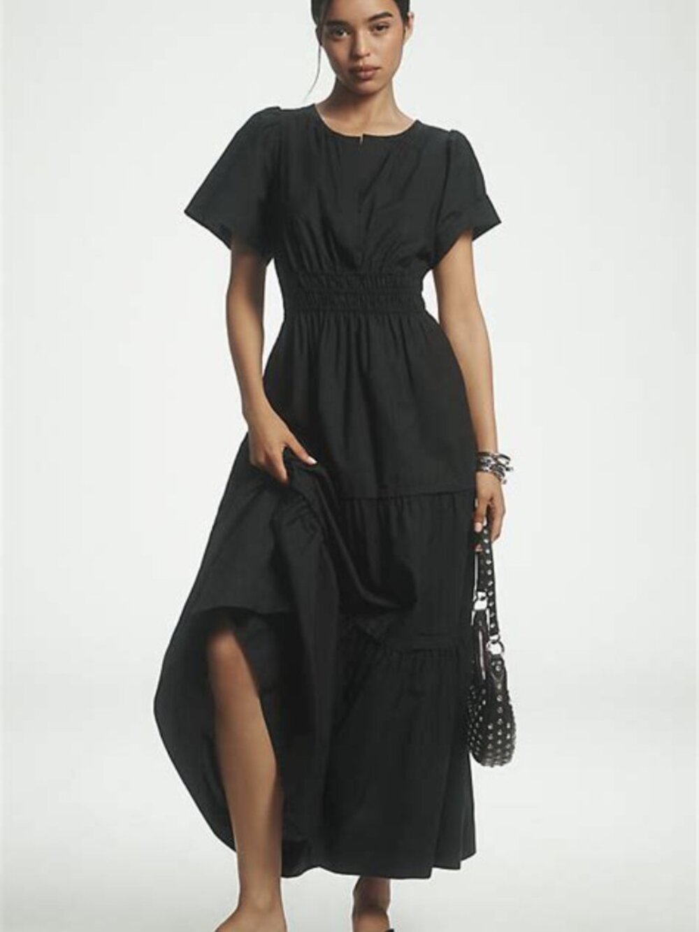 Anthropologie Somerset Black Maxi Dress XS Smocked Waist Flutter Sleeve